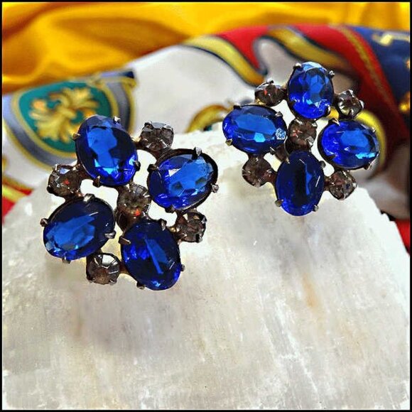 1940s Blue Sapphire Glass Sterling Silver Vintage Earrings - Picture 2 of 8